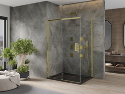 Mexen Omega sprchová kabína posuvná 100 x 80 cm, priehľadná, zlatá + vanička Flat, čierna - 825-100-080-50-00-4070G