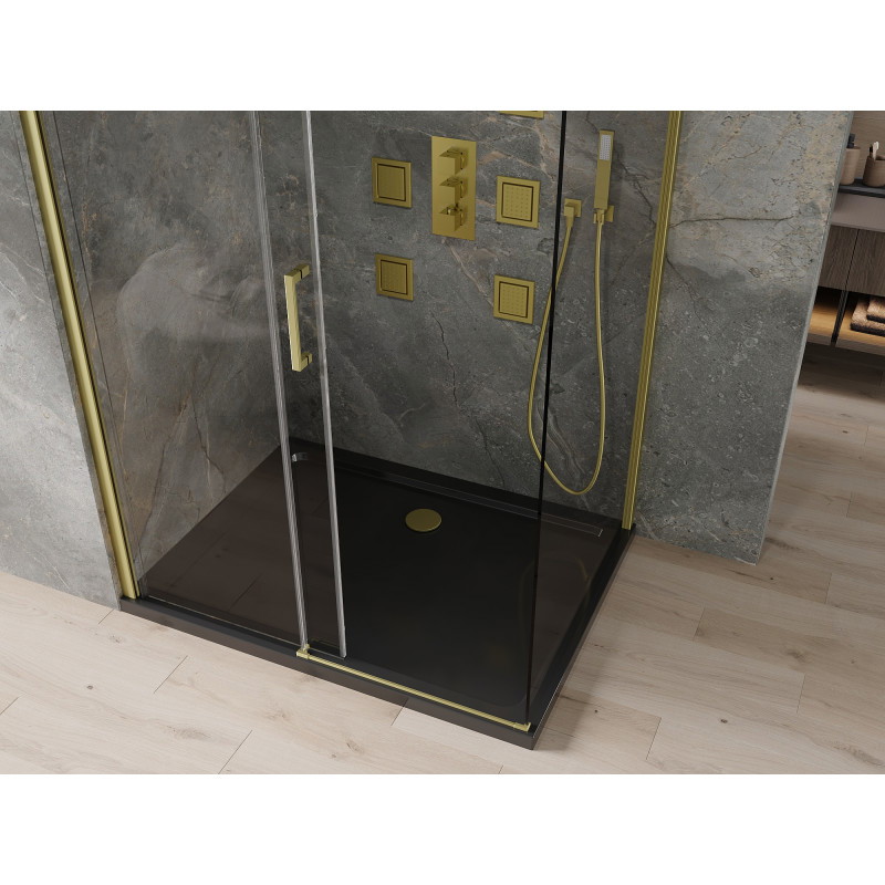 Mexen Omega posuvná sprchová kabína 120 x 80 cm, priehľadná, zlatá + brodzík Flat, čierny - 825-120-080-50-00-4070G