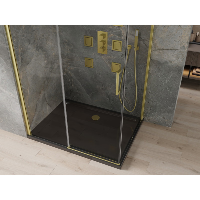 Mexen Omega posuvná sprchová kabína 120 x 80 cm, priehľadná, zlatá + brodzík Flat, čierny - 825-120-080-50-00-4070G