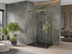 Mexen Omega posuvná sprchová kabína 120 x 80 cm, priehľadná, zlatá + brodzík Flat, čierny - 825-120-080-50-00-4070G
