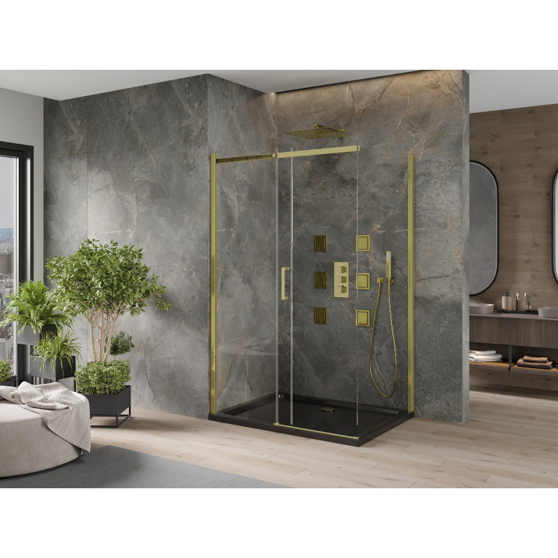 Mexen Omega posuvná sprchová kabína 120 x 90 cm, transparentná, zlatá + vanička Flat, čierna - 825-120-090-50-00-4070G