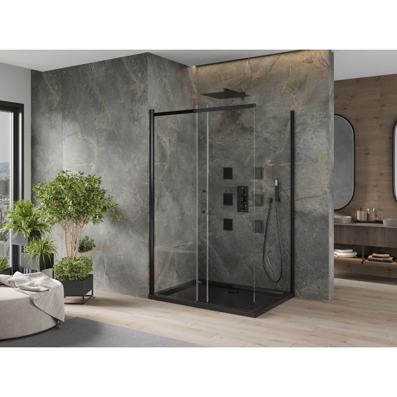 Mexen Omega sprchový kút posuvný 100 x 90 cm, transparentný, čierny + vanička Flat, čierna - 825-100-090-70-00-4070B