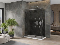 Mexen Omega sprchový kút posuvný 140 x 80 cm, grafit, chróm + vanička Flat, biela - 825-140-080-01-40-4010