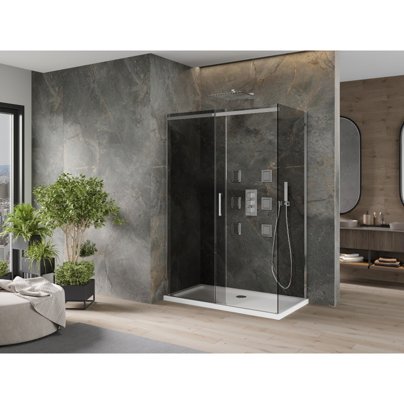 Mexen Omega posuvná sprchová kabína 140 x 80 cm, grafitová, chróm + vanička Flat, biela - 825-140-080-01-40-4010