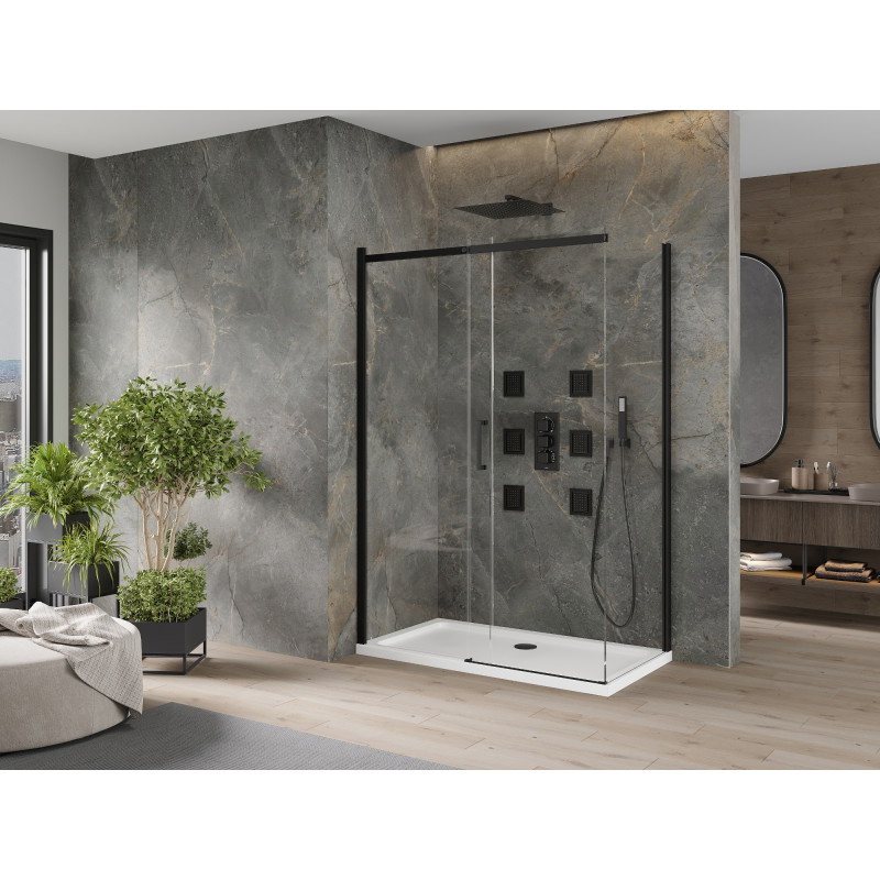 Mexen Omega posuvná sprchová kabína 130 x 70 cm, transparentná, čierna + sprchová vanička Flat, biela
