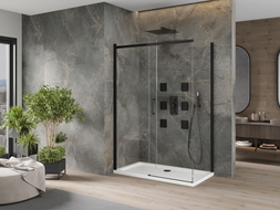 Mexen Omega posuvná sprchová kabína 130 x 70 cm, transparentná, čierna + sprchová vanička Flat, biela