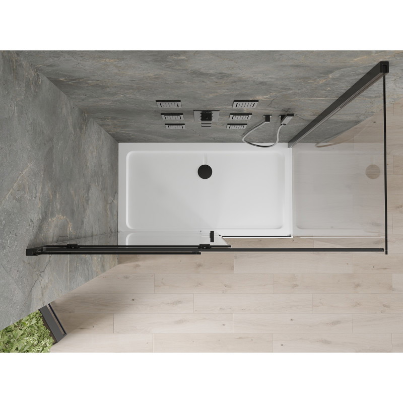 Mexen Omega posuvná sprchová kabína 130 x 70 cm, transparentná, čierna + sprchová vanička Flat, biela