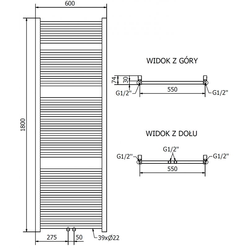 Mexen Mars kúpeľňový radiátor 1800 x 600 mm, 752 W, zlatý - W110-1800-600-00-50