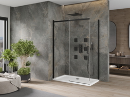 Mexen Omega posuvná sprchová kabína 140 x 80 cm, transparentná, čierna + vanička Flat, biela - 825-140-080-70-00-4010B