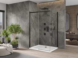 Mexen Omega sprchový kút posuvný 140 x 100 cm, transparentný, čierny + vanička Flat, biela - 825-140-100-70-00-4010B