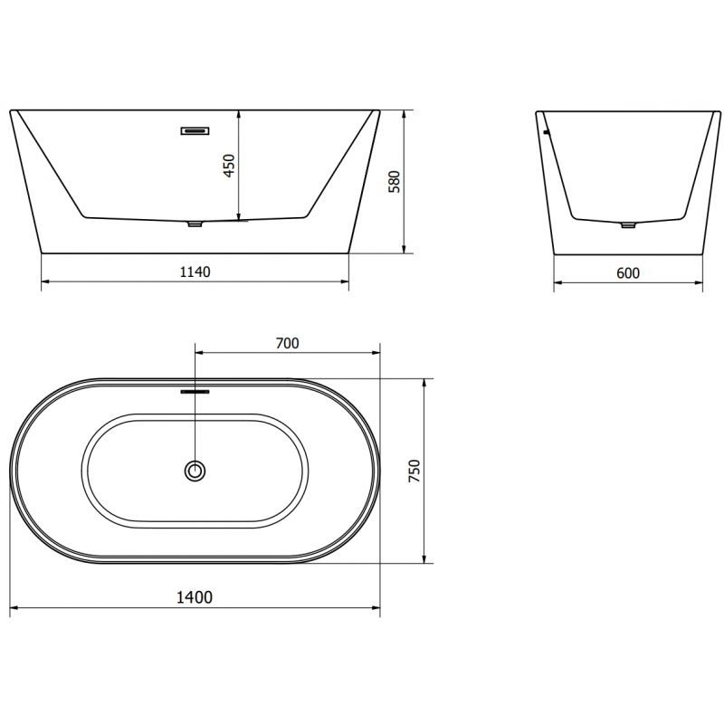 Mexen Luna voľne stojaca vaňa 140 x 75 cm, biela, preliv gun gray kartáčovaný - 52031407500-66