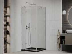 Mexen Roma sprchová kabína otvárateľná 90 x 90 cm, transparentná, chróm + vanička Flat, čierna - 854-090-090-01-00-4070