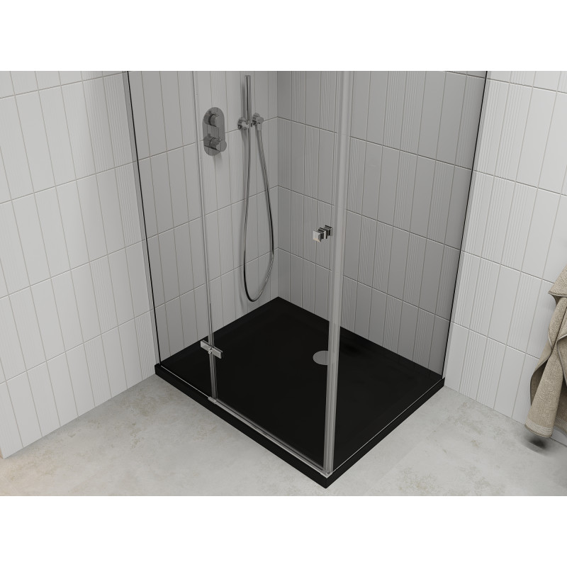 Mexen Roma otvoriteľná sprchová kabína 90 x 100 cm, transparentná, chróm + vanička Flat, čierna - 854-090-100-01-00-4070
