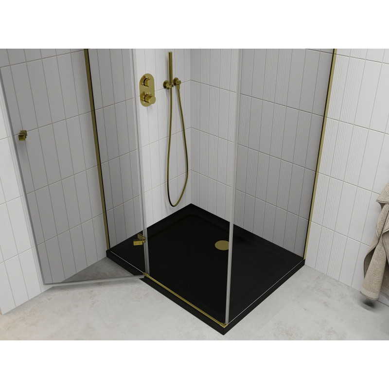 Mexen Roma sklopná sprchová kabína 90 x 100 cm, priehľadná, zlatá + vanička Flat, čierna - 854-090-100-50-00-4070G