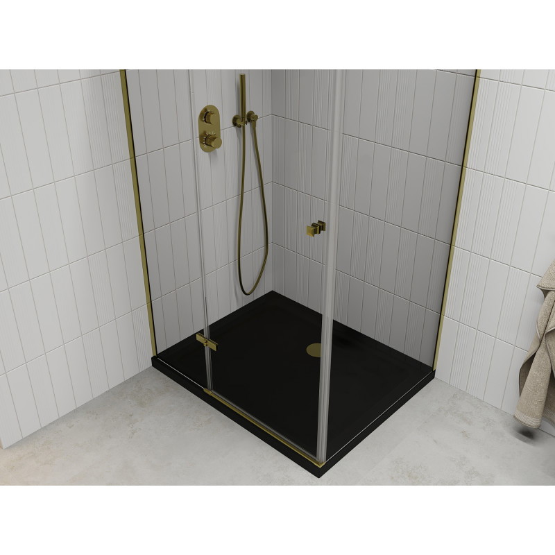 Mexen Roma sklopná sprchová kabína 100 x 90 cm, priehľadná, zlatá + vanička Flat, čierna - 854-100-090-50-00-4070G