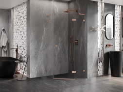 Mexen Lunar L sprchová kabína päťuholníková výklopná pravá 80 x 80 cm, transparentná, brúsená meď - 831L-080P-080L-65-00-P