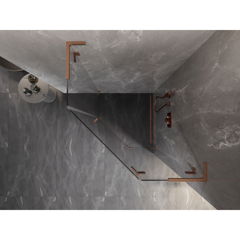 Mexen Lunar L sprchová kabína päťuholníková výklopná pravá 80 x 80 cm, transparentná, brúsená meď - 831L-080P-080L-65-00-P