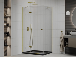 Mexen Roma sprchovací kút otvárací 120 x 90 cm, transparentný, zlatý + vanička Flat, čierna - 854-120-090-50-00-4070G
