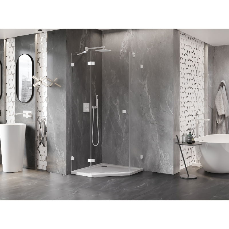 Mexen Lunar päťuholníková sprchová kabína s otváraním vľavo 90 x 90 cm, transparentná, biela - 831-090L-090P-20-00-L