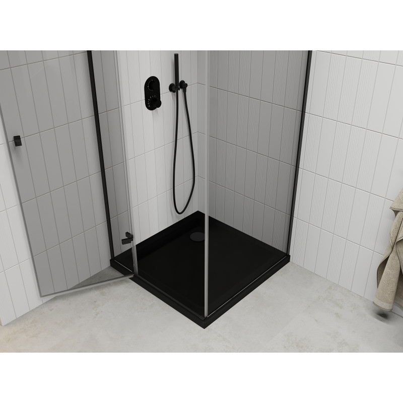 Mexen Roma sprchový kút otvárací 90 x 90 cm, transparentný, čierny + vanička Flat, čierna - 854-090-090-70-00-4070B