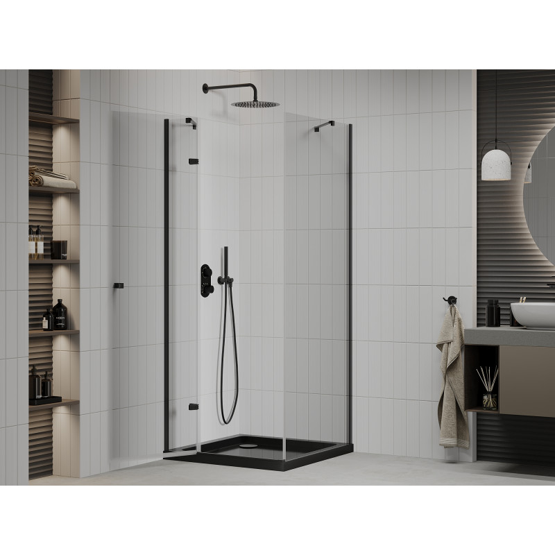 Mexen Roma sprchový kút otvárací 90 x 90 cm, transparentný, čierny + vanička Flat, čierna - 854-090-090-70-00-4070B