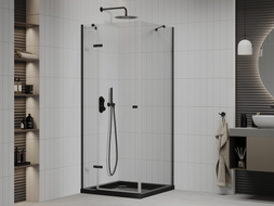 Mexen Roma sprchový kút otvárací 90 x 90 cm, transparentný, čierny + vanička Flat, čierna - 854-090-090-70-00-4070B