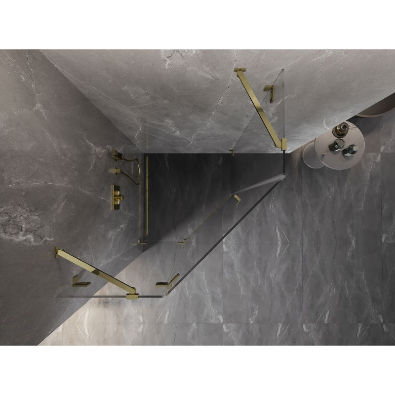 Mexen Lunar päťuholníková sprchová kabína s výklopnými dverami ľavá 100 x 100 cm, priehľadná, zlatá - 831-100L-100P-50-00-L