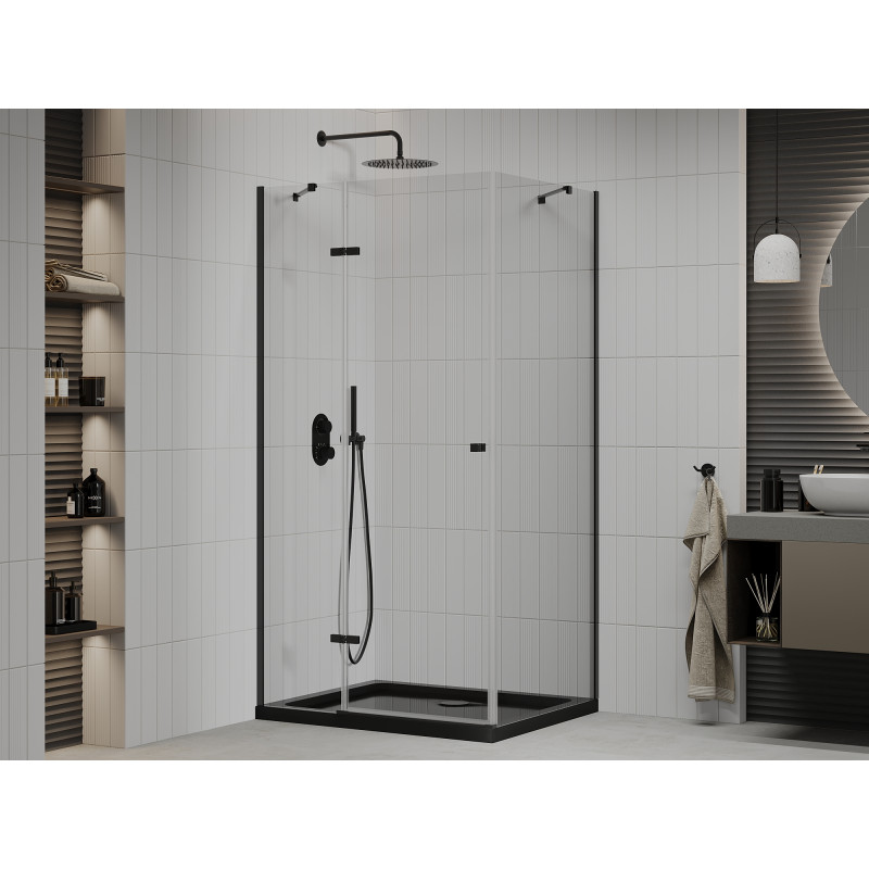 Mexen Roma sprchovací kút sklopný 100 x 90 cm, priehľadný, čierny + vanička Flat, čierna - 854-100-090-70-00-4070B