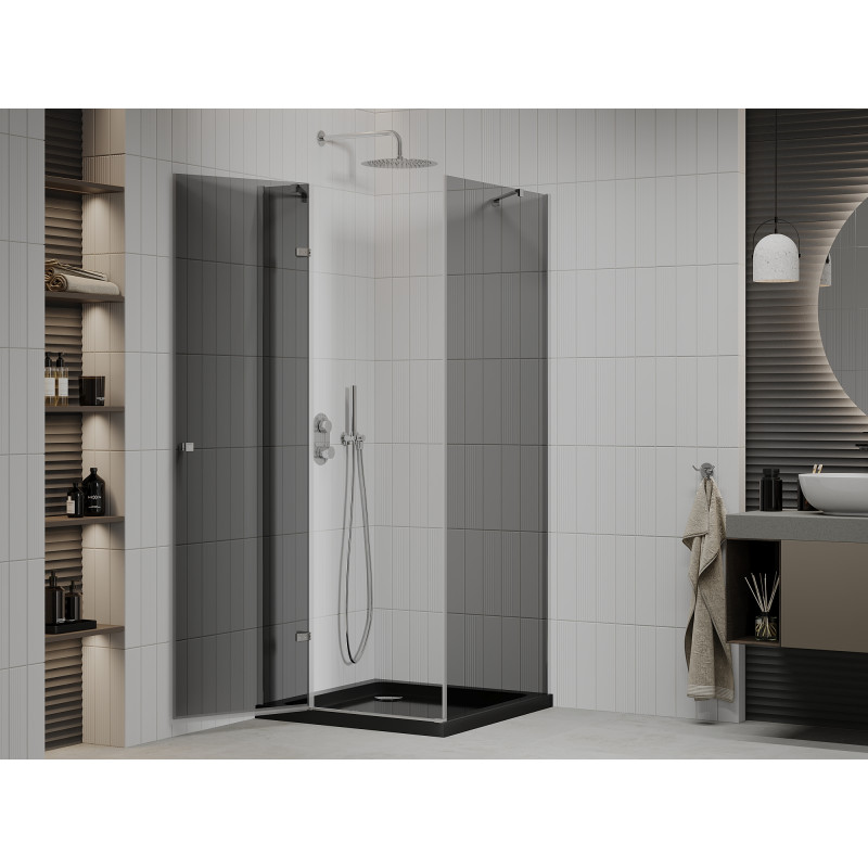 Mexen Roma skladacia sprchová kabína 90 x 90 cm, grafit, chróm + vanička Flat, čierna - 854-090-090-01-40-4070