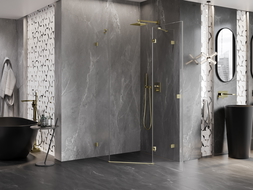 Mexen Lunar päťuholníková sprchová kabína otváracia pravá 100 x 100 cm, transparentná, zlatá brúsená - 831-100P-100L-55-00-P