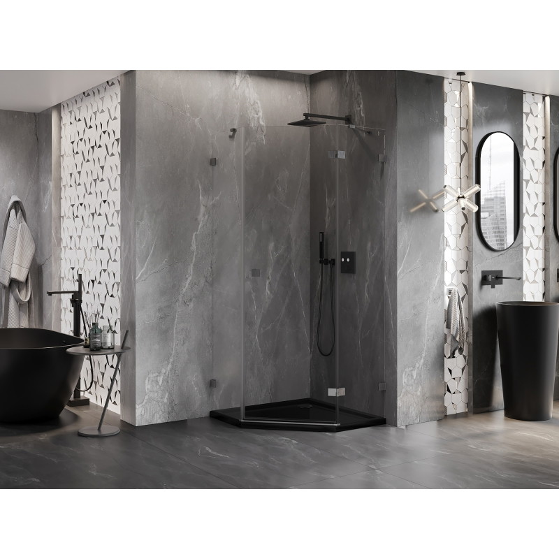 Mexen Lunar pravo otvárateľná päťuholníková sprchová kabína 90 x 90 cm, priehľadná, brúsená gun gray