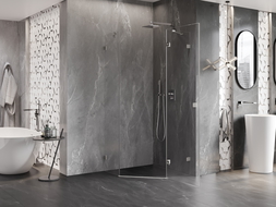 Mexen Lunar pravouhlá sprchová kabína päťuholníková 100 x 100 cm, priehľadná, brúsený nikel - 831-100P-100L-97-00-P