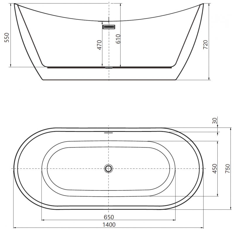 Mexen Lotos voľne stojaca vaňa 140 x 75 cm, biela/čierna, prepad chróm - 52051407775-01