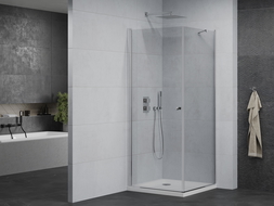 Mexen Pretoria sprchovací kút otvárací 90 x 90 cm, transparentný, chróm + vanička Flat - 852-090-090-01-00-4010