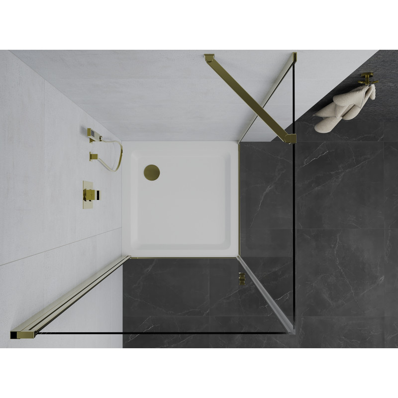 Mexen Pretoria sprchový kút s otváracími dverami 90 x 90 cm, transparentný, zlatý + vanička Flat - 852-090-090-50-00-4010