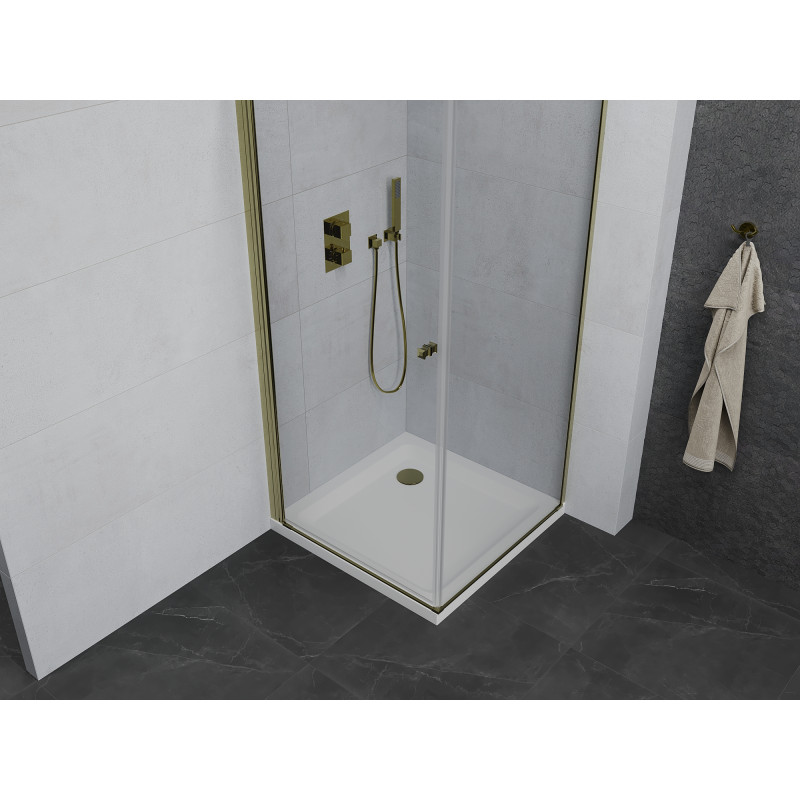 Mexen Pretoria sprchový kút s otváracími dverami 90 x 90 cm, transparentný, zlatý + vanička Flat - 852-090-090-50-00-4010