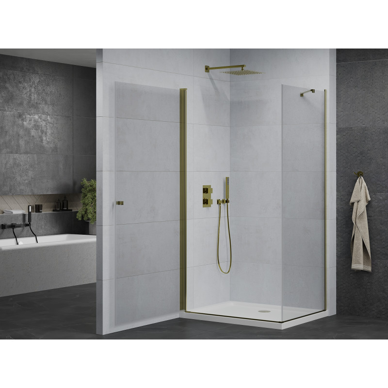 Mexen Pretoria sprchovací kút s otočnými dverami 80 x 70 cm, priehľadný, zlatý + vanička Flat - 852-080-070-50-00-4010
