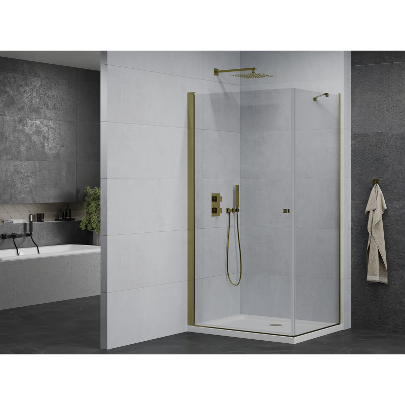 Mexen Pretoria sprchovací kút s otočnými dverami 80 x 70 cm, priehľadný, zlatý + vanička Flat - 852-080-070-50-00-4010