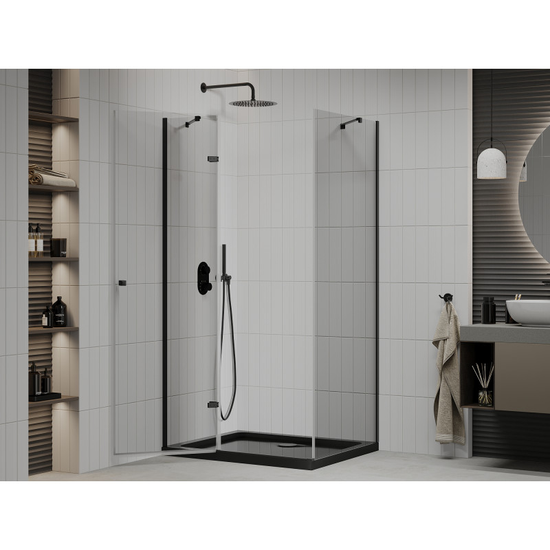 Mexen Roma sprchovací kút sklopný 100 x 90 cm, priehľadný, čierny + vanička Flat, čierna - 854-100-090-70-00-4070B