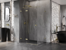 Mexen Lunar T sprchový kút s vyklápacími dverami ľavý 130 x 90 cm, priehľadný, zlatá kartáčovaná - 834T-130-090-55-00-L