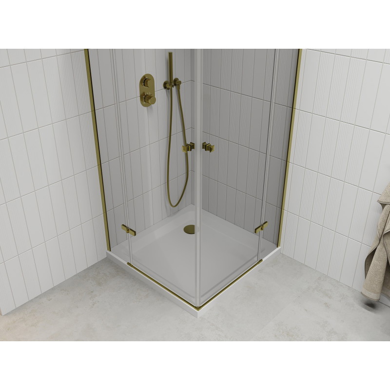 Mexen Roma Duo sprchová kabína s dvojitými dverami 90 x 90 cm, priehľadná, zlatá + vanička Flat - 854-090-090-50-02-4010G