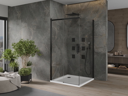 Mexen Omega posuvná sprchová kabína 100 x 100 cm, priehľadná, čierna + sprchová vanička Flat, biela - 825-100-100-70-00-4010B