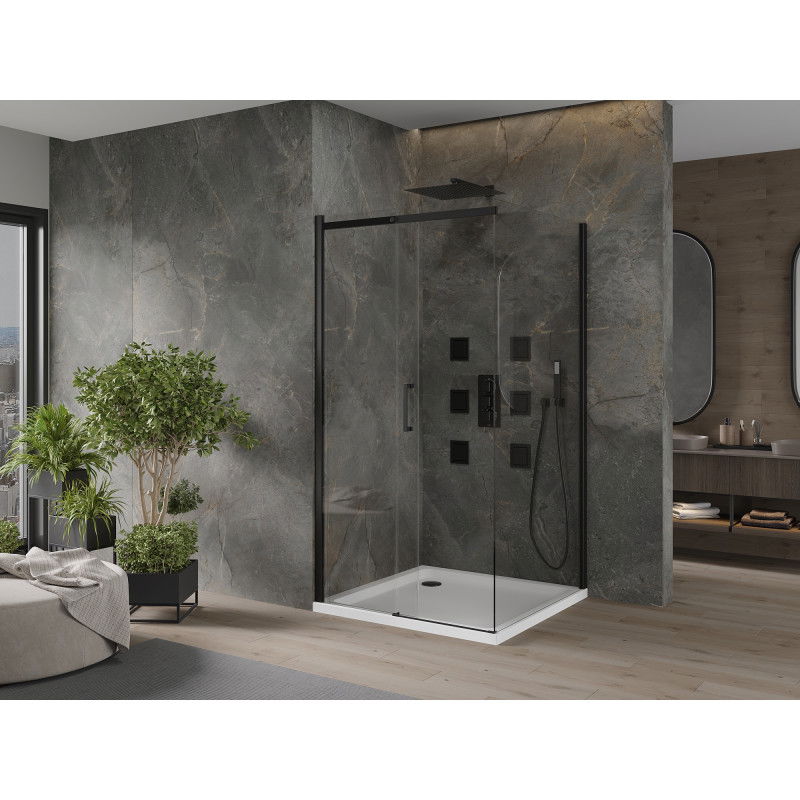 Mexen Omega posuvná sprchová kabína 100 x 100 cm, priehľadná, čierna + sprchová vanička Flat, biela - 825-100-100-70-00-4010B