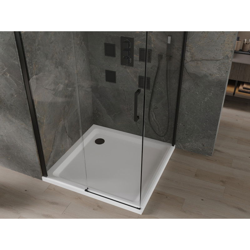 Mexen Omega posuvná sprchová kabína 100 x 100 cm, priehľadná, čierna + sprchová vanička Flat, biela - 825-100-100-70-00-4010B