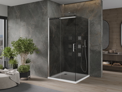 Mexen Omega posuvná sprchová kabína 100 x 100 cm, grafitová, chróm + vanička Flat, biela - 825-100-100-01-40-4010