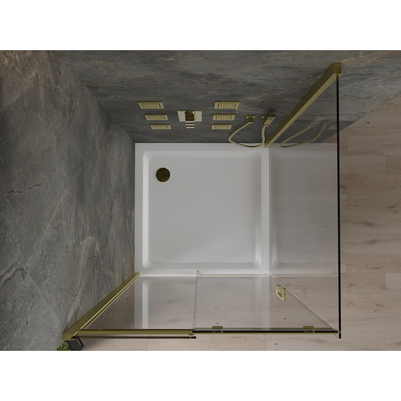 Mexen Omega posuvná sprchová kabína 100 x 100 cm, priehľadná, zlatá + sprchová vanička Flat - 825-100-100-50-00-4010