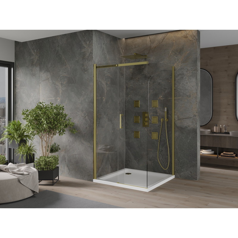 Mexen Omega posuvná sprchová kabína 100 x 100 cm, priehľadná, zlatá + sprchová vanička Flat - 825-100-100-50-00-4010