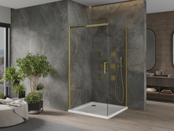 Mexen Omega posuvná sprchová kabína 100 x 100 cm, priehľadná, zlatá + sprchová vanička Flat - 825-100-100-50-00-4010