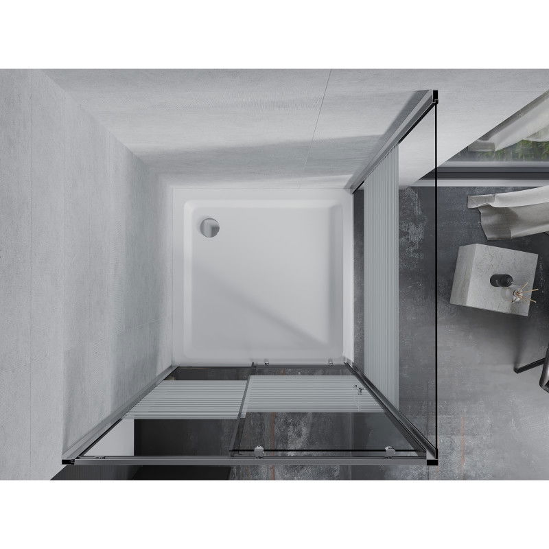Mexen Apia sprchová kabína posuvná 90 x 90 cm, biele pásy, chróm + vanička Flat - 840-090-090-01-20-4010