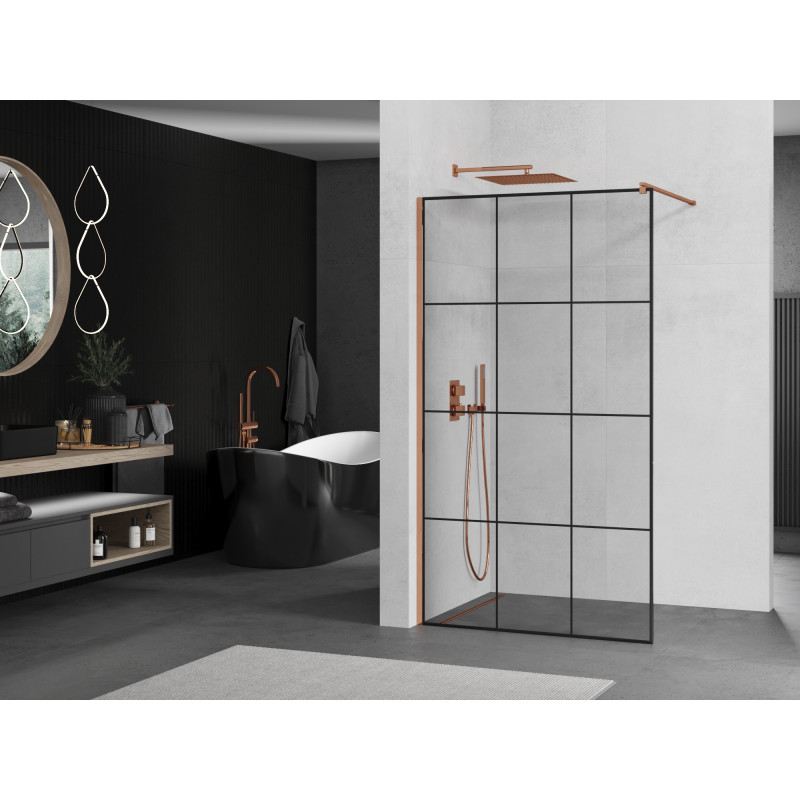 Mexen Kioto sprchová stena Walk-in 110 x 200 cm, čierna mriežka 8 mm, ružové zlato - 800-110-101-60-77